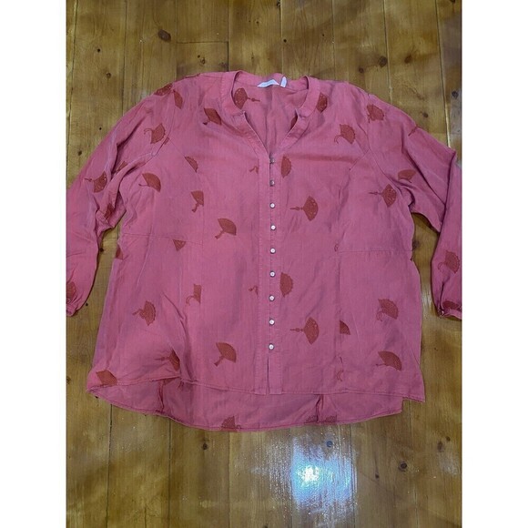 Womens Soft Surroundings 3X Red Embroidered Fans 3/4 Sleeve Button Up Top - Picture 1 of 10